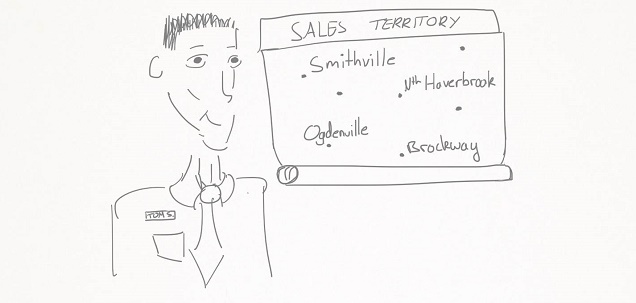 Sketch of a salesman standing next to a map of his territory representing the travelling salesman problem