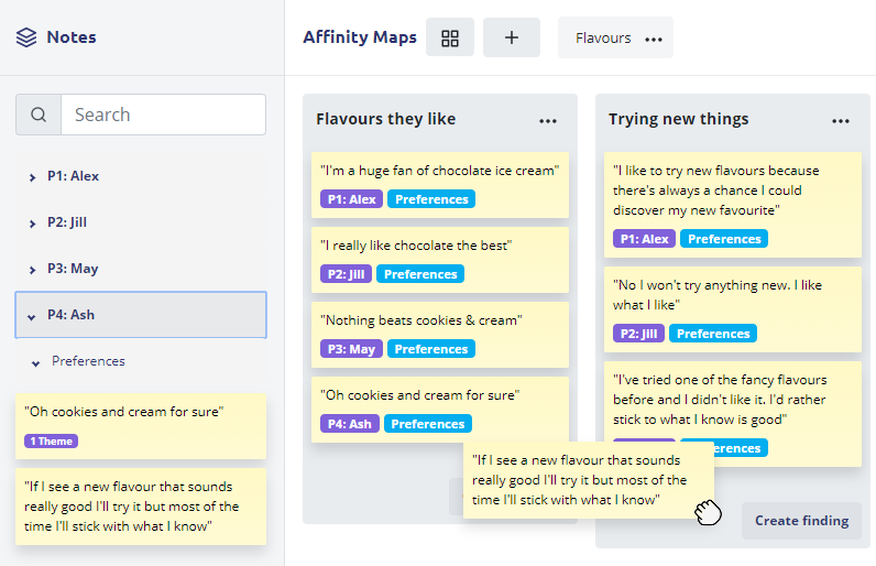 A screenshot of drag and drop affinity mapping. A note about why someone might try something new is being dragged into a column of notes talking about the same theme.